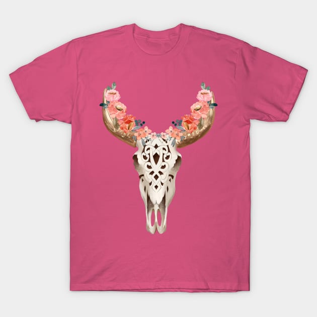 ARTISTIC SCROLLWORK COW SKULL WITH HORNS AND FLOWERS T-Shirt by KutieKoot T's